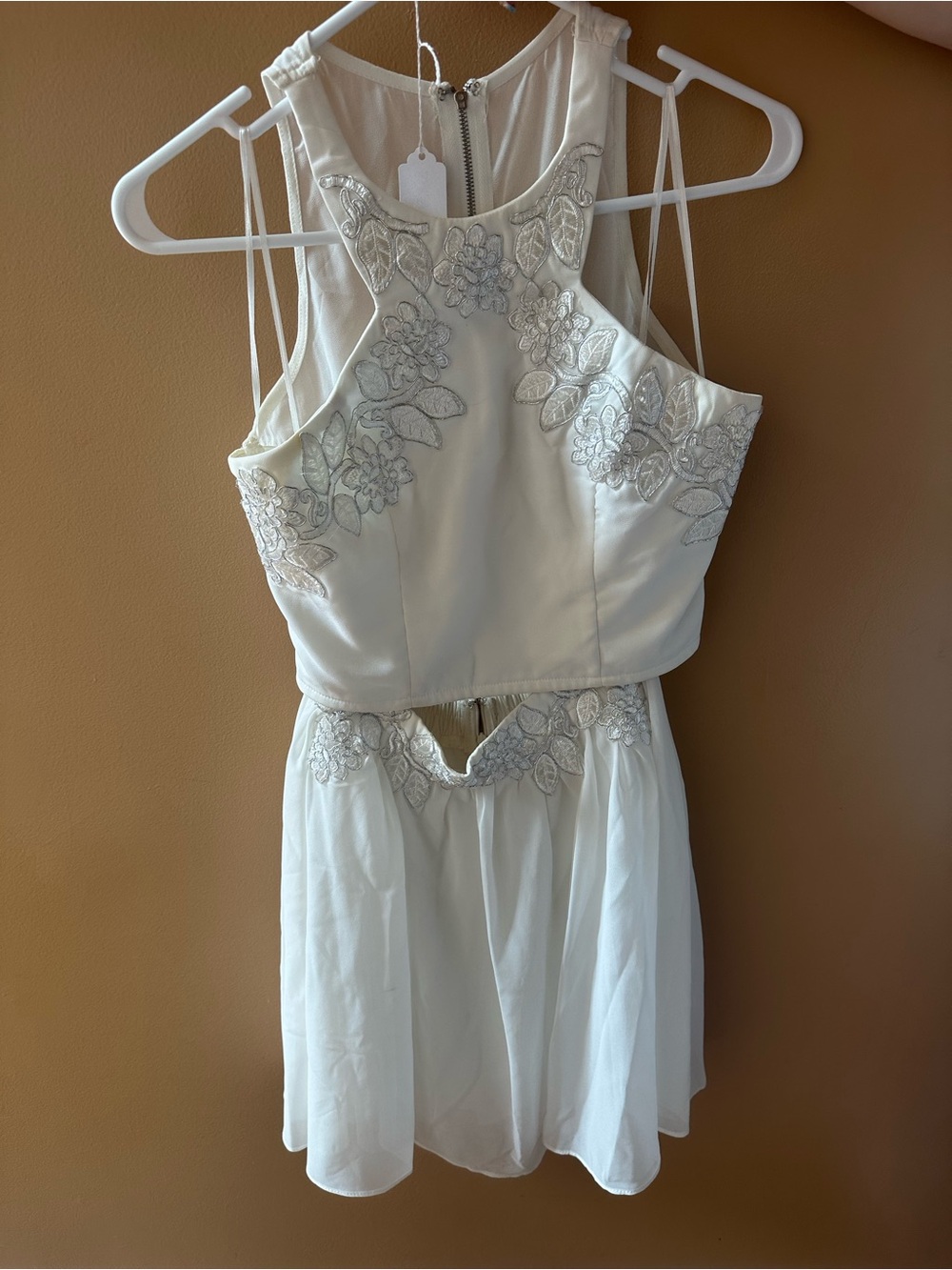 Embroidered Ivory Halter Mini Dress